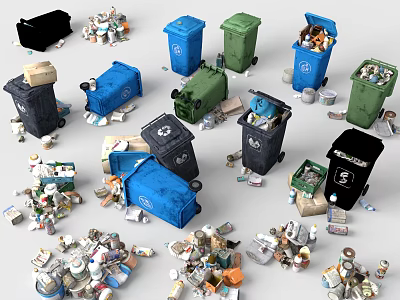 Different Colored Trash Bins Surrounded By Scattered Waste And Recyclable Materials 3d model