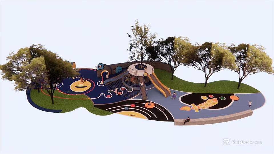 Fun Colorful Outdoor Children's Playground With Slide Trees And Play Zones 3d model 
