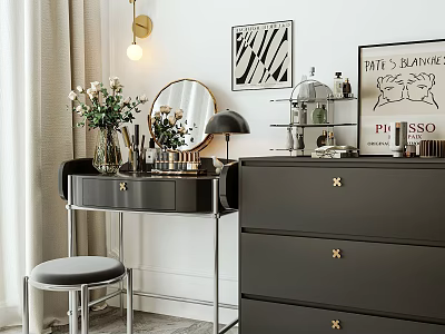 Elegant Black Dressing Table With Round Mirror Gold Accents Drawer Cabinet Table Lamp And Wall Art 3d model