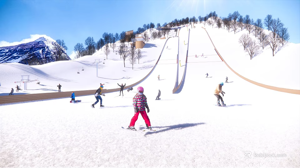 Outdoor Winter Fitness Activity With People Skiing On Snowy Mountain Slope 3d model 