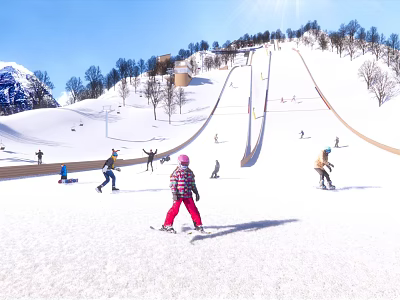 Outdoor Winter Fitness Activity With People Skiing On Snowy Mountain Slope 3d model