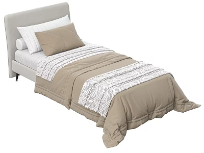Single Bed with Light Gray Headboard White and Brown Pillows and Striped Geometric Pattern Bedspread 3d model