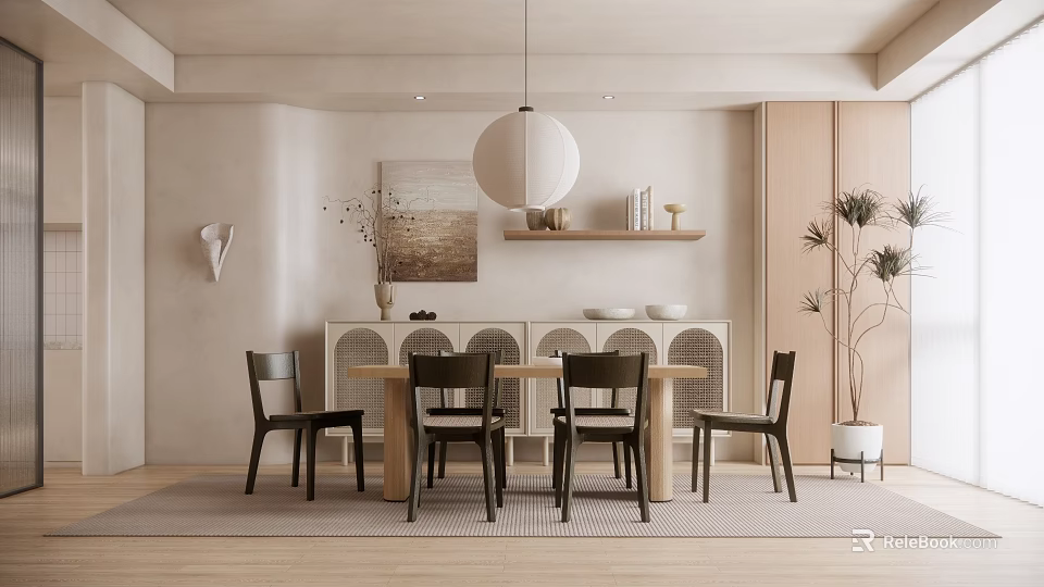 Minimalist Restaurant Interior With Wooden Dining Table Chairs And Hanging Pendant Light 3d model 