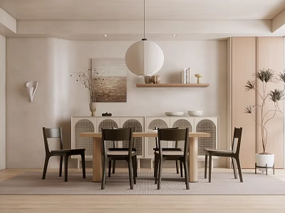 Minimalist Restaurant Interior With Wooden Dining Table Chairs And Hanging Pendant Light 3d model