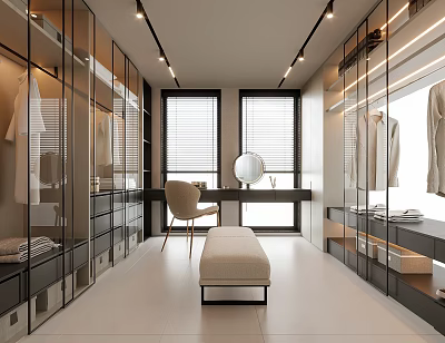 Modern Walk In Closet With Glass Wardrobes Chair And Bench 3d model