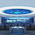 Modern Control Room Interior With Large Blue Display Screens Neat Consoles And Round Lighting Ceiling