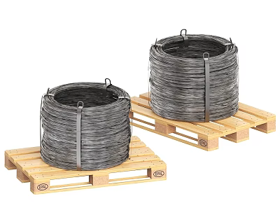 Industrial Wire Rolls Placed On Wooden Pallets For Storage And Transport 3d model