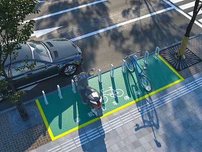 Roadside Bike Parking Area with Green Surface and Bicycle Racks Near Trees and Sidewalk 3d model