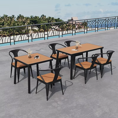 Outdoor Table and Chairs with Brown Tabletop Black Frame on Balcony Swimming Pool Palm Trees 3d model