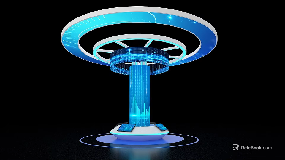 Modern Digital Exhibition Island With Circular Blue Lighting And Interactive Display Structure 3d model