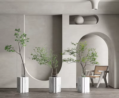 Green Plants In Three Marble Vases With Arched Wall And Wooden Chair 3d model