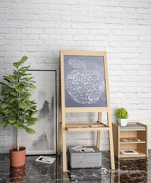 Easel Holding Apple Shaped Painting With Musical Instruments And Art Supplies Near White Brick Wall 3d model 