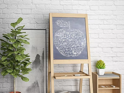 Easel Holding Apple Shaped Painting With Musical Instruments And Art Supplies Near White Brick Wall 3d model
