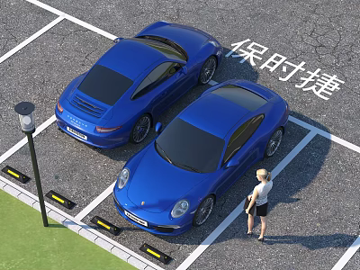 Blue Porsche Sports Cars Parked In Parking Lot With Person Standing Nearby 3d model