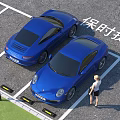 Blue Porsche Sports Cars Parked In Parking Lot With Person Standing Nearby