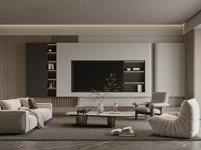 Modern Living Room Interior Design With Sofa TV Bookshelves Coffee Table And Plant 3d model