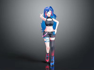 Anime Inspired Game Character With Blue Long Hair Black Crop Top Strappy Shorts And Sneakers 3d model