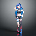 Anime Inspired Game Character With Blue Long Hair Black Crop Top Strappy Shorts And Sneakers