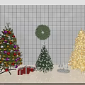 Decorated Christmas Trees With Golden Small Tree Colorful Ornaments Gift Boxes And Green Wreath