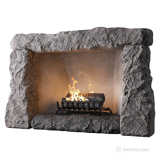 Rustic Stone Fireplace With Burning Logs And Metal Grate Flames 3d model