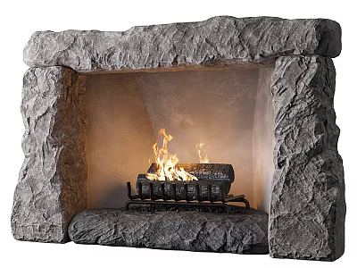 Rustic Stone Fireplace With Burning Logs And Metal Grate Flames 3d model