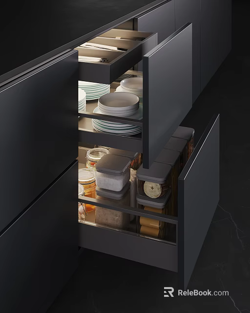 Modern Kitchen Cabinets With Organized Storage Plates Jars And Drawers 3d model 