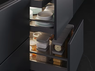 Modern Kitchen Cabinets With Organized Storage Plates Jars And Drawers 3d model