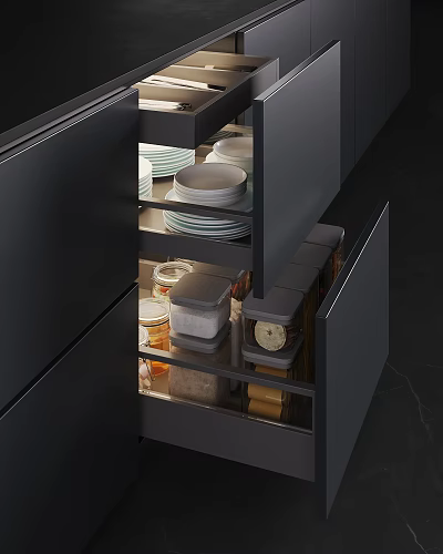 Modern Kitchen Cabinets With Organized Storage Plates Jars And Drawers 3d model