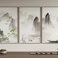 Three Panel Ink Wash Landscape Paintings With Mountain Peaks Misty Clouds And Boat