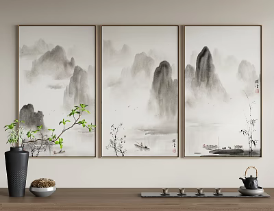 Three Panel Ink Wash Landscape Paintings With Mountain Peaks Misty Clouds And Boat 3d model