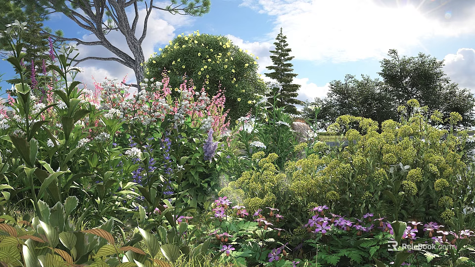 Vibrant Flower Garden With Green Shrubs Purple Pink Blooms Trees And Blue Sky 3d model 