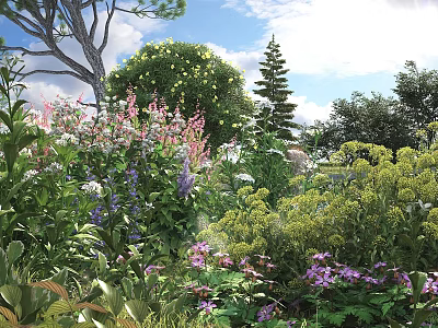 Vibrant Flower Garden With Green Shrubs Purple Pink Blooms Trees And Blue Sky 3d model