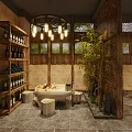 Warm Rustic Restaurant Interior With Wooden Tables Chairs Chandeliers And Indoor Tree