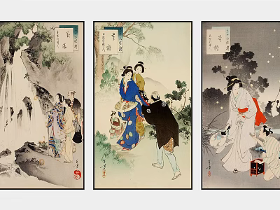 Traditional Japanese Figure Paintings With Classical Attire And Natural Scenery Elements 3d model