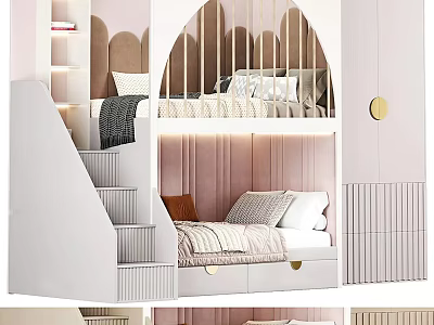 Modern Warm Pink And White Kids Bunk Bed With Stairs Arched Design And Storage Drawers 3d model