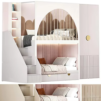 Modern Warm Pink And White Kids Bunk Bed With Stairs Arched Design And Storage Drawers 3d model