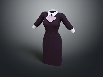 Elegant Dark Purple Dress With White Collar Cuffs Pink Bow And Belt 3d model