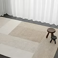 Square Beige and White Patchwork Rug on Dark Floor with White Curtains and Stools