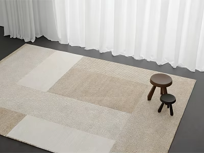 Square Beige and White Patchwork Rug on Dark Floor with White Curtains and Stools 3d model