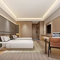 Modern Hotel Guest Room With Twin Beds Wooden Elements Writing Desk And Laptop