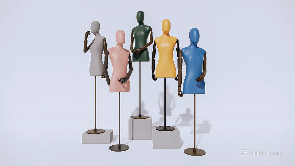 Five Different Colored Mannequins Standing On Various Pedestals Against Light Blue Background 3d model 