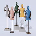 Five Different Colored Mannequins Standing On Various Pedestals Against Light Blue Background