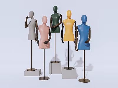 Five Different Colored Mannequins Standing On Various Pedestals Against Light Blue Background 3d model