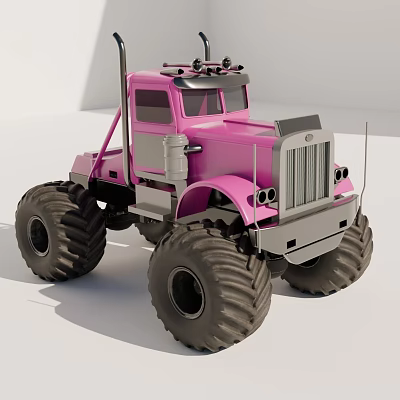 Pink Monster Truck With Large Off Road Tires Vintage Front Grill And Cab Structure 3d model