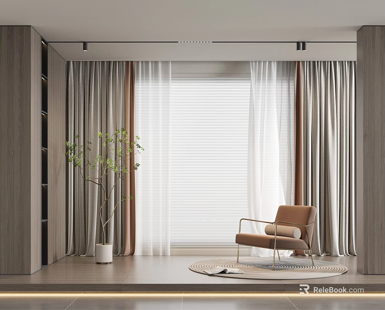 Modern Curtains With White Blinds Wooden Shelves Green Plant And Brown Armchair In Living Room 3d model 