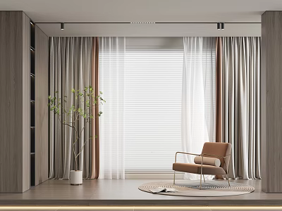 Modern Curtains With White Blinds Wooden Shelves Green Plant And Brown Armchair In Living Room 3d model