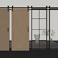 Modern Interior Sliding Barn Door Design With Wooden And Glass Panels And Black Rail Hardware