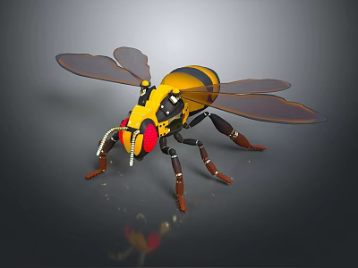 Yellow And Black Mechanical Bee With Transparent Wings Red Eyes Metallic Legs On Dark Background 3d model