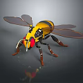 Yellow And Black Mechanical Bee With Transparent Wings Red Eyes Metallic Legs On Dark Background