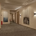 Hotel Corridor Interior With Beige Walls Gray Carpet Decorative Paintings Wall Sconces And Room Numbers